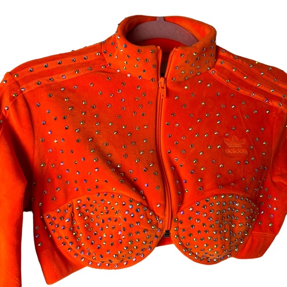 Jeremy Scott x Adidas RARE! Neon Orange Track Crop Top w Rhinestones EUC SZM - Picture 2 of 5